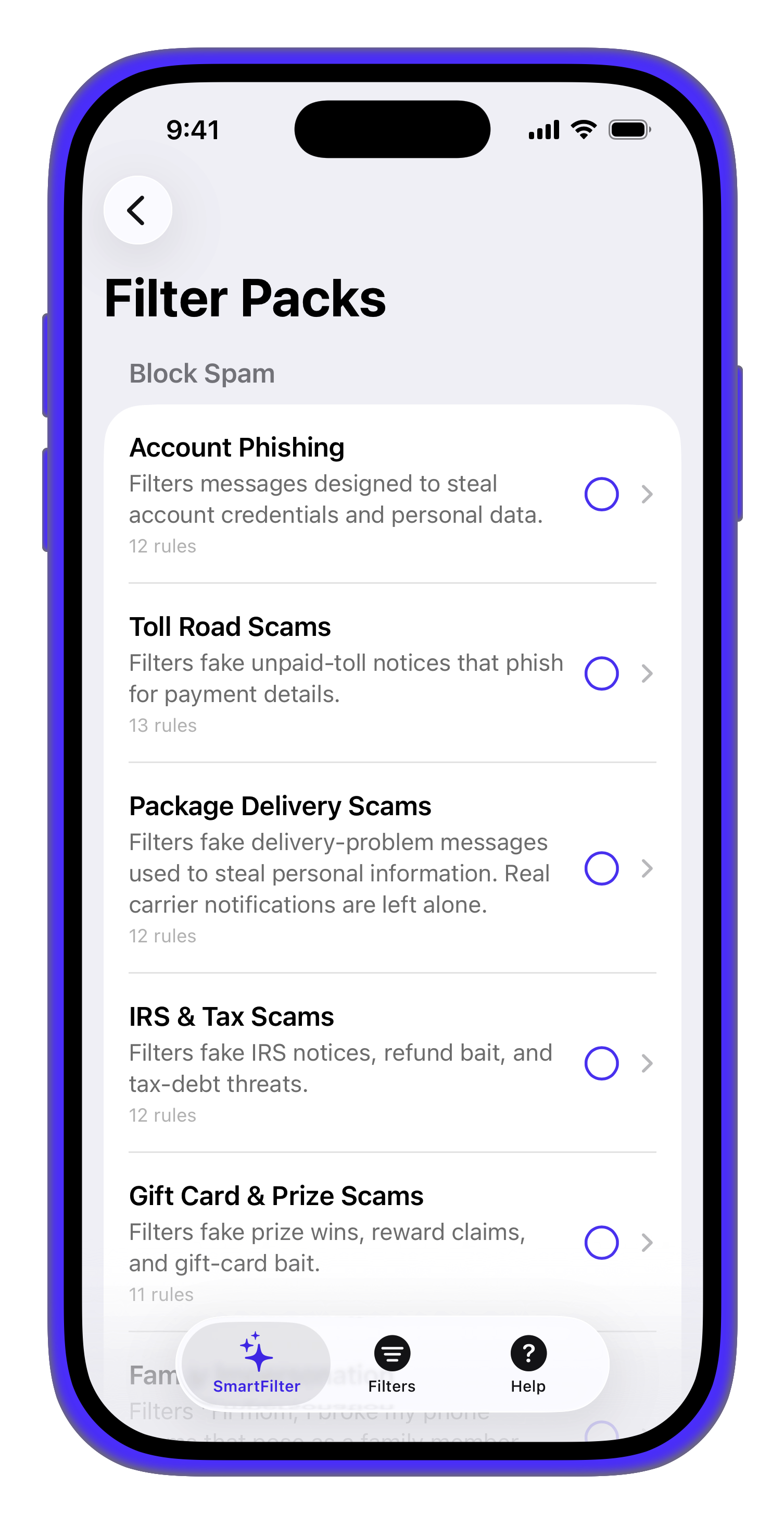 SmartFilter's curated filter packs screen