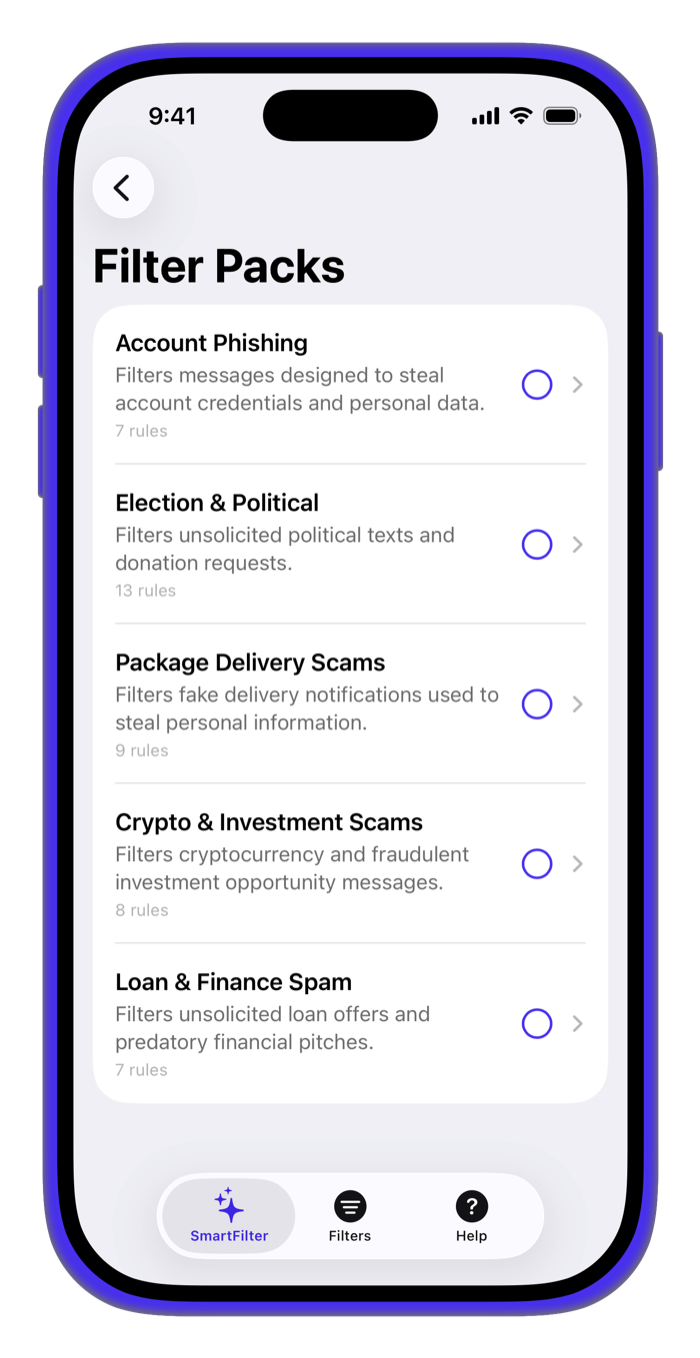 SmartFilter's curated filter packs screen