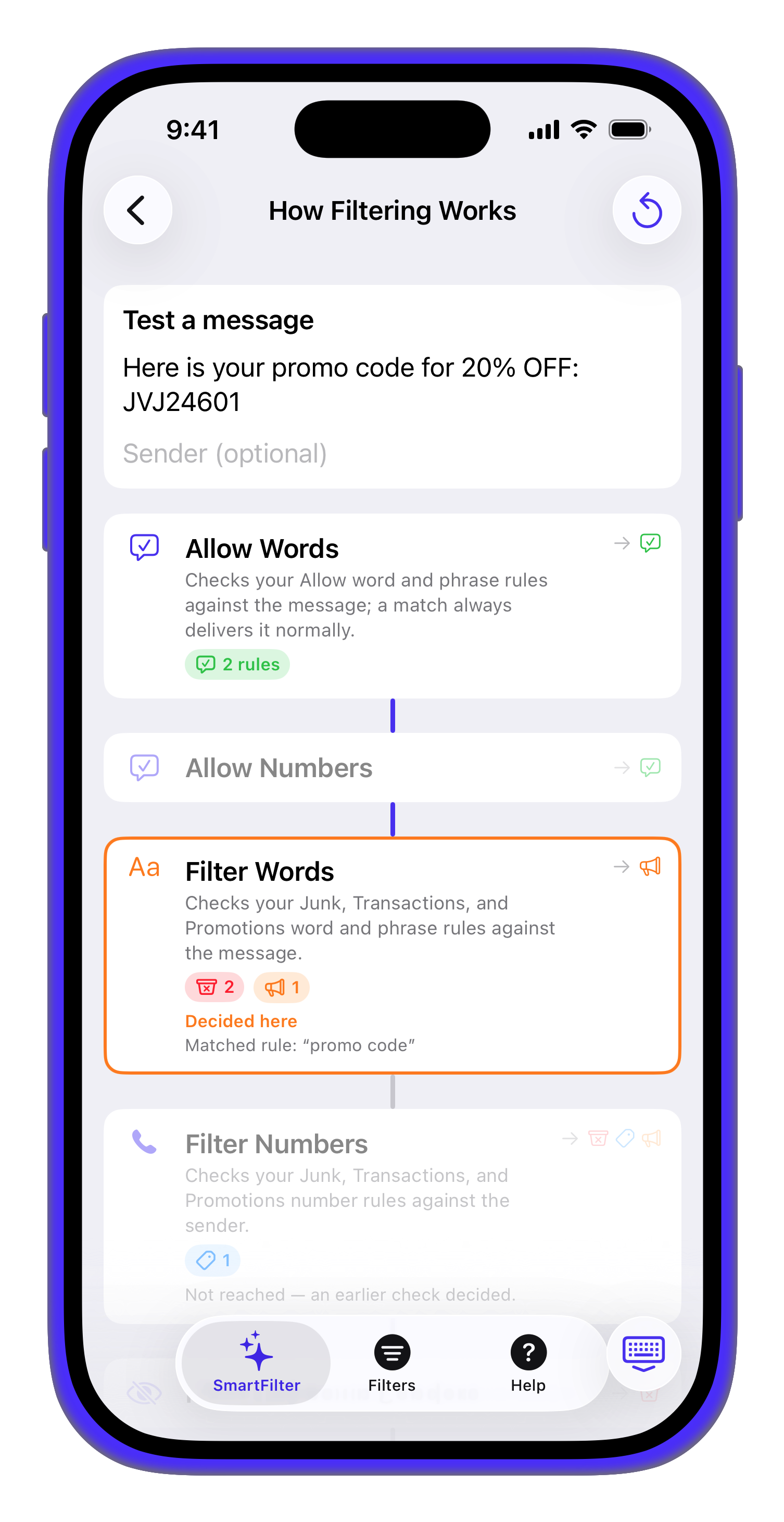 A live diagram tracing how a message moves through each filter stage