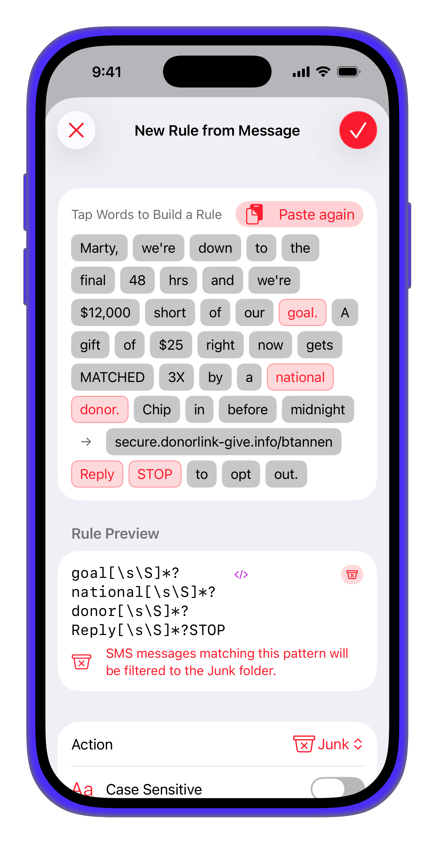 Building a filter rule by tapping words in a spam message