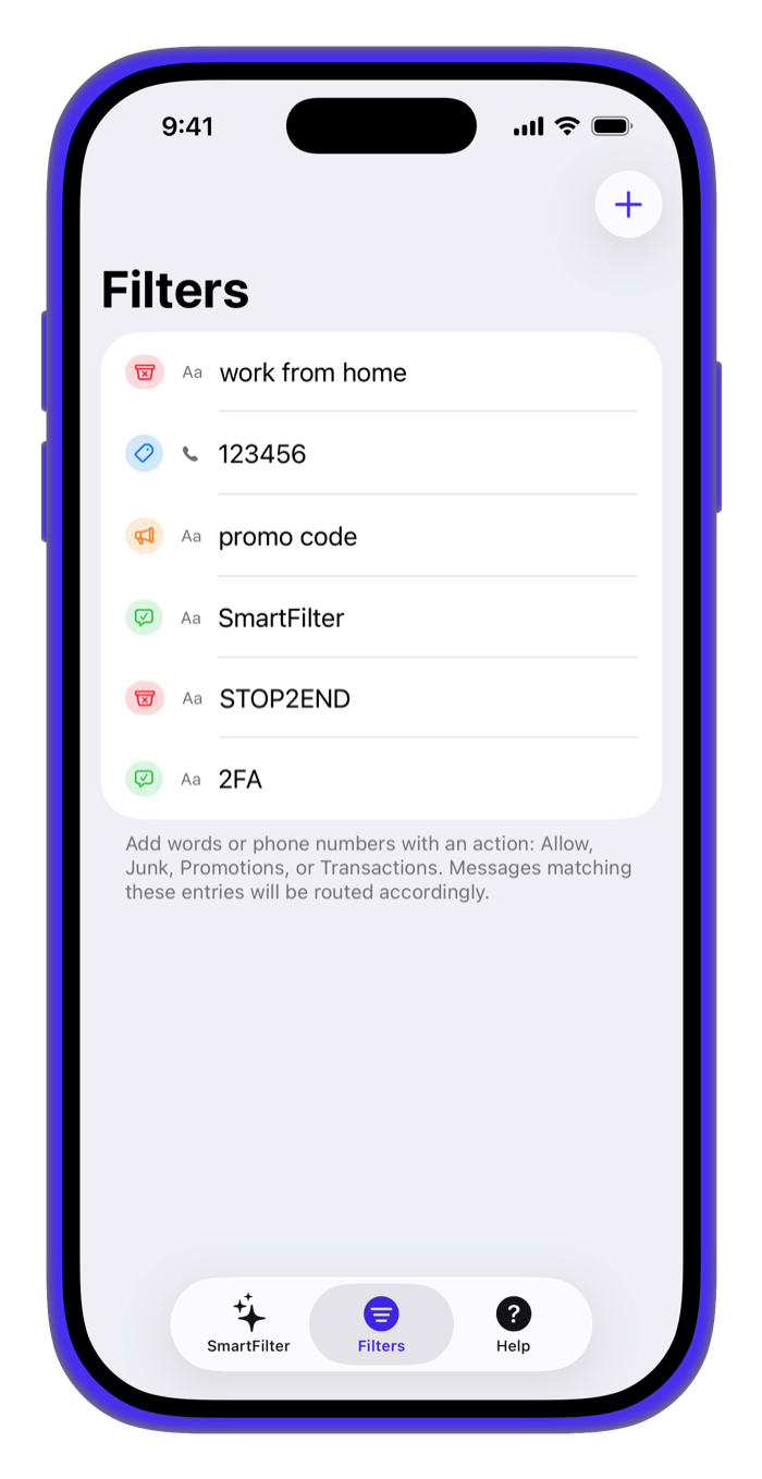 SmartFilter's custom rules screen